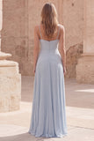 Sky Blue Pleated A Line Maxi Bridesmaid Dress