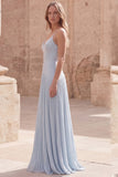 Sky Blue Pleated A Line Maxi Bridesmaid Dress