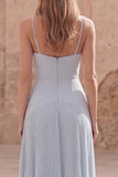 Sky Blue Pleated A Line Maxi Bridesmaid Dress