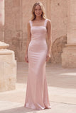 Pink Satin Ruched Mermaid Maxi Dress