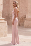 Pink Satin Ruched Mermaid Maxi Dress
