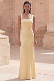 Yellow Satin Square Neck Sheath Maxi Bridesmaid Dress