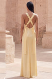 Yellow Satin Square Neck Sheath Maxi Bridesmaid Dress