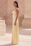 Yellow Satin Square Neck Sheath Maxi Bridesmaid Dress