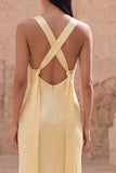 Yellow Satin Square Neck Sheath Maxi Bridesmaid Dress