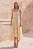 Floral Yellow Strapless High Low A Line Wedding Guest Dress