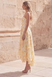 Floral Yellow Strapless High Low A Line Wedding Guest Dress