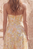 Floral Yellow Strapless High Low A Line Wedding Guest Dress