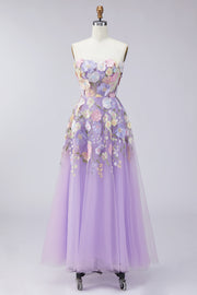 Lilac Strapless A Line 3D Flower Midi Dress with Lace-up Back