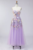 Lilac Strapless A Line 3D Flower Midi Dress with Lace-up Back