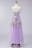 Lilac Strapless A Line 3D Flower Midi Dress with Lace-up Back
