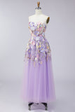 Lilac Strapless A Line 3D Flower Midi Dress with Lace-up Back
