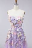 Lilac Strapless A Line 3D Flower Midi Dress with Lace-up Back