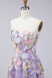 Lilac Strapless A Line 3D Flower Midi Dress with Lace-up Back
