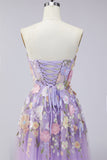Lilac Strapless A Line 3D Flower Midi Dress with Lace-up Back