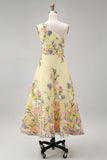 A Line Yellow One Shoulder Floral Wedding Guest Dress