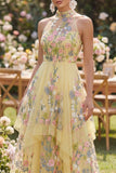 High Neck Yellow Ruffled Floral Midi Wedding Guest Dress