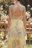 High Neck Yellow Ruffled Floral Midi Wedding Guest Dress