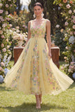 Floral Square Neck Yellow Tulle Wedding Guest Dress
