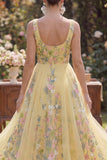 Floral Square Neck Yellow Tulle Wedding Guest Dress