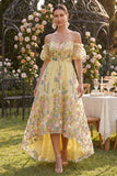 Off the Shoulder Yellow Floral Wedding Guest Dress with Puff Sleeves