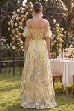 Off the Shoulder Yellow Floral Wedding Guest Dress with Puff Sleeves