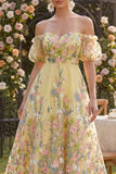 Off the Shoulder Yellow Floral Wedding Guest Dress with Puff Sleeves