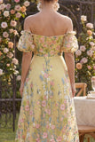 Off the Shoulder Yellow Floral Wedding Guest Dress with Puff Sleeves
