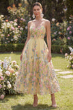 A Line Spaghetti Straps Yellow Floral Long Wedding Guest Dress