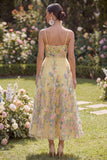 A Line Spaghetti Straps Yellow Floral Long Wedding Guest Dress