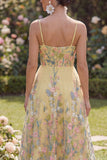 A Line Spaghetti Straps Yellow Floral Long Wedding Guest Dress