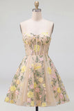 Champagne Floral Embroidered Corset A Line Homecoming Dress