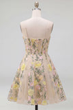 Champagne Floral Embroidered Corset A Line Homecoming Dress