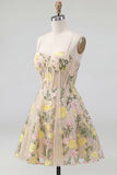Champagne Floral Embroidered Corset A Line Homecoming Dress