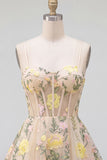 Champagne Floral Embroidered Corset A Line Homecoming Dress