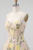 Champagne Floral Embroidered Corset A Line Homecoming Dress