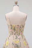 Champagne Floral Embroidered Corset A Line Homecoming Dress