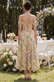 Off the Shoulder Champagne A Line Floral Ruffled Wedding Guest Dress