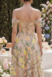 Off the Shoulder Champagne A Line Floral Ruffled Wedding Guest Dress