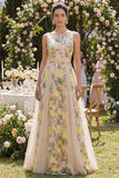 Bateau Neck Floral Champagne Wedding Guest Dress