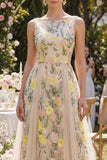 Bateau Neck Floral Champagne Wedding Guest Dress
