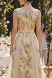 Bateau Neck Floral Champagne Wedding Guest Dress