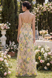 Champagne Spaghetti Straps Floral Wedding Guest Dress with Belt