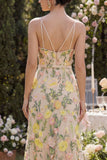 Champagne Spaghetti Straps Floral Wedding Guest Dress with Belt
