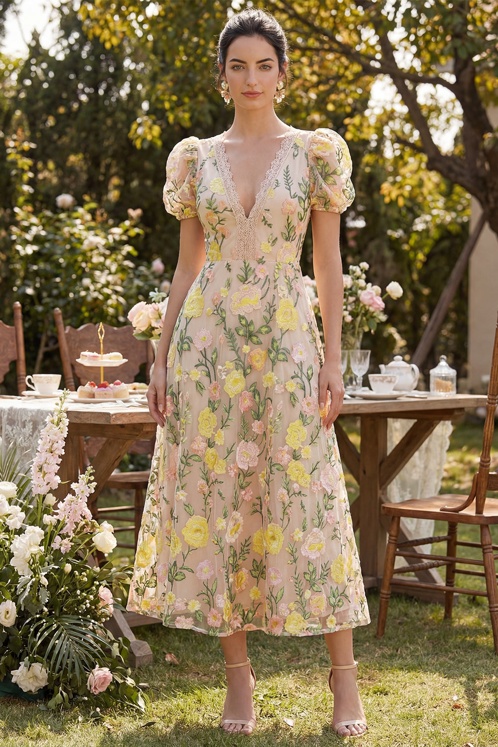 Wedtrend Women Champagne Wedding Guest Dress with Puff Sleeves V-Neck Floral A Line Long Party Dress, Champagne / US10