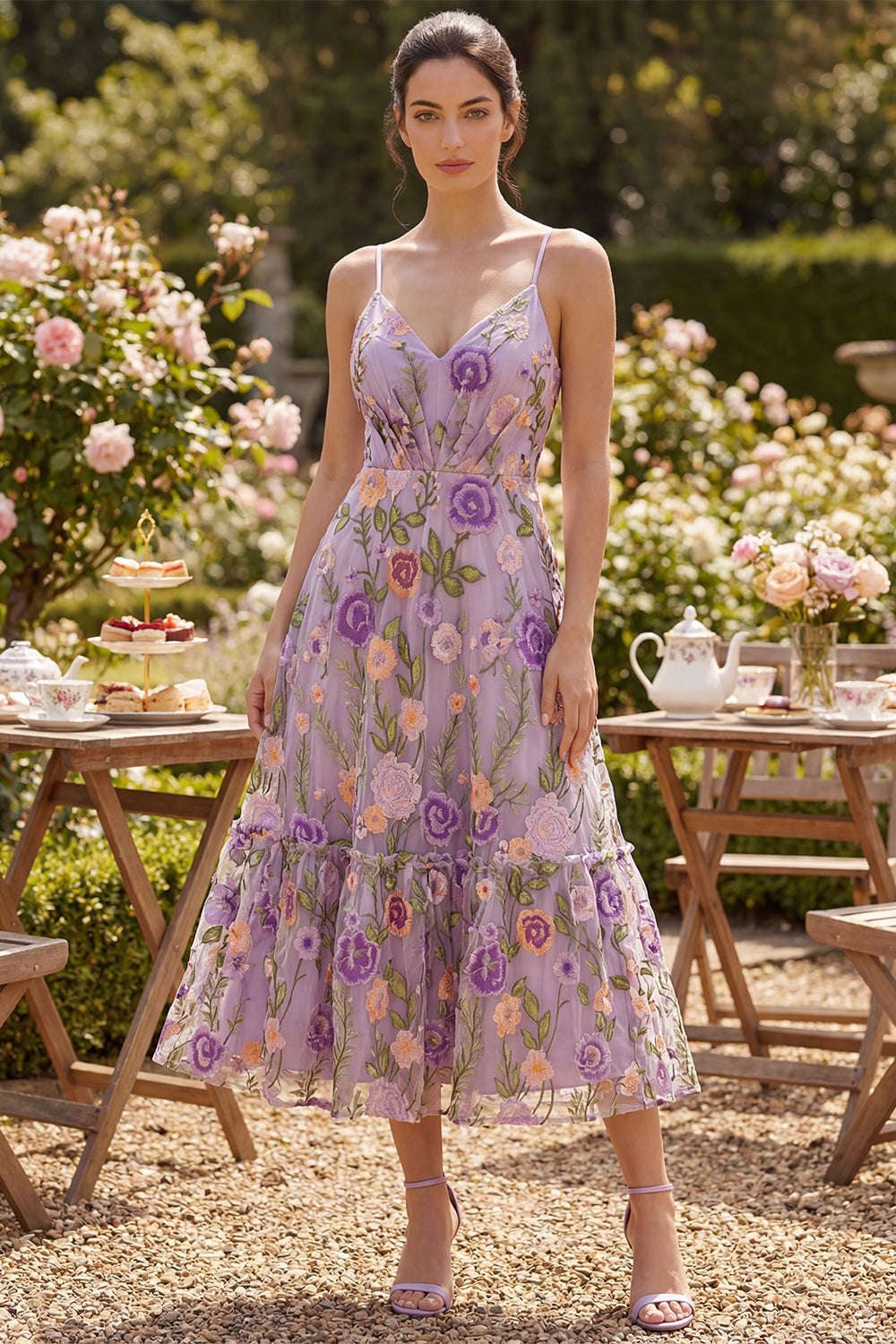 Wedtrend Women Lilac Floral Wedding Guest Dress Spaghetti Straps A Line Ruched Midi Party Dress – WEDTREND