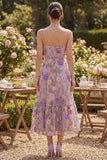 Lilac A Line Spaghetti Straps Floral Midi Wedding Guest Dress
