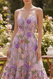 Lilac A Line Spaghetti Straps Floral Midi Wedding Guest Dress