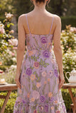 Lilac A Line Spaghetti Straps Floral Midi Wedding Guest Dress