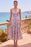 Lilac V-Neck A Line Floral Midi Wedding Guest Dress